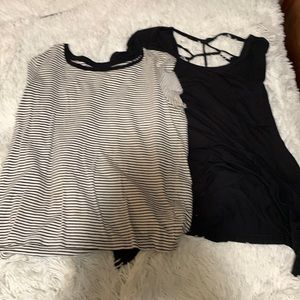 striped shirt and black shirt with back opening
